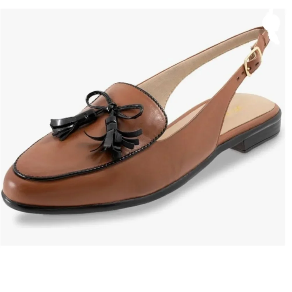 FOWT Brown Bow Tassel Flat Pumps Slip on Round Toe Slingbacks Office School Shoe